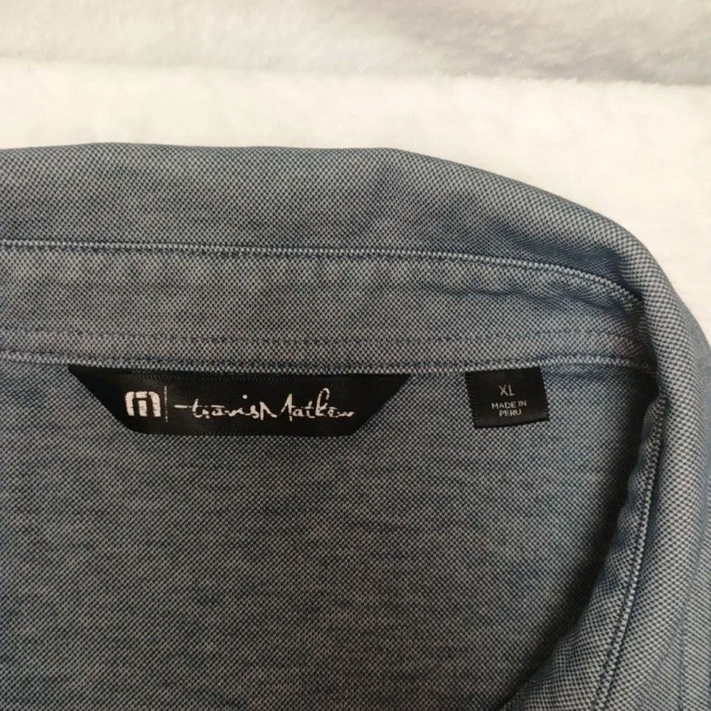 Travis Mathew Polo Shirt Mens XL Blue Palm Tree One to Remember Golf Performance